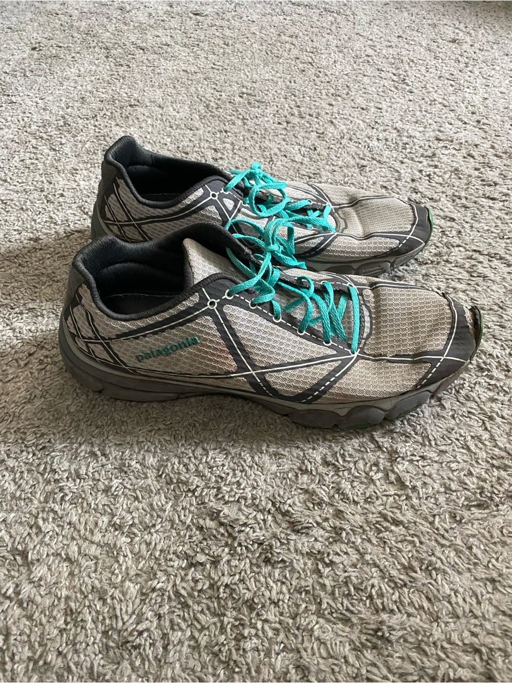 Patagonia Gray Trail Sneakers with Teal Laces